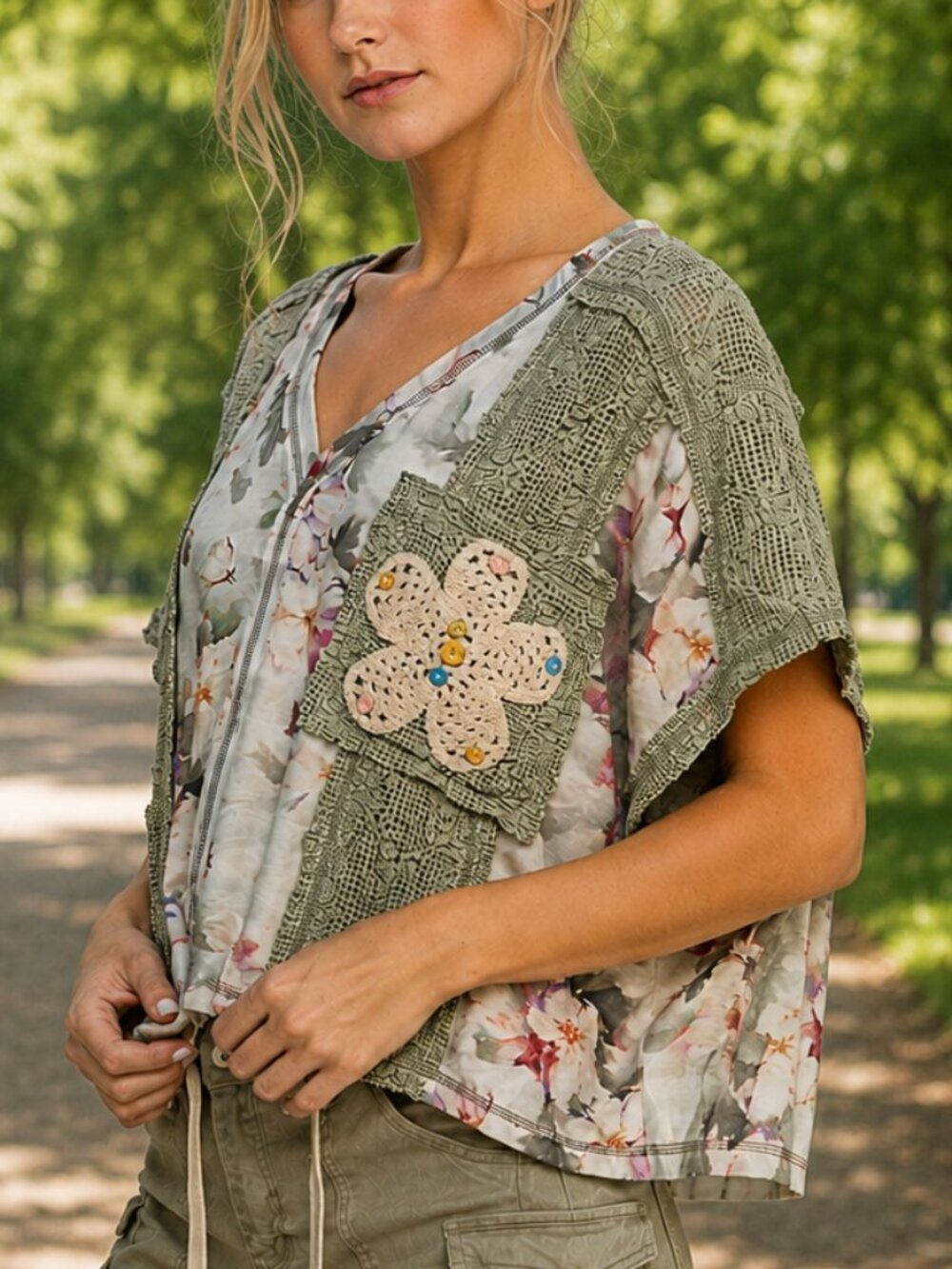 POL Sage Green Floral Lace Crochet Patchwork Boho V-Neck Oversized Top Sage NWT